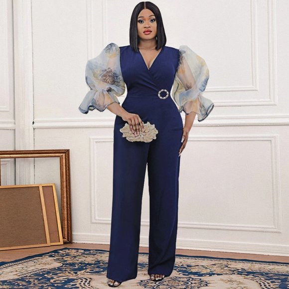 Printed Mesh Elegant Navy Women Fashion Jumpsuit - Picture 1 of 6